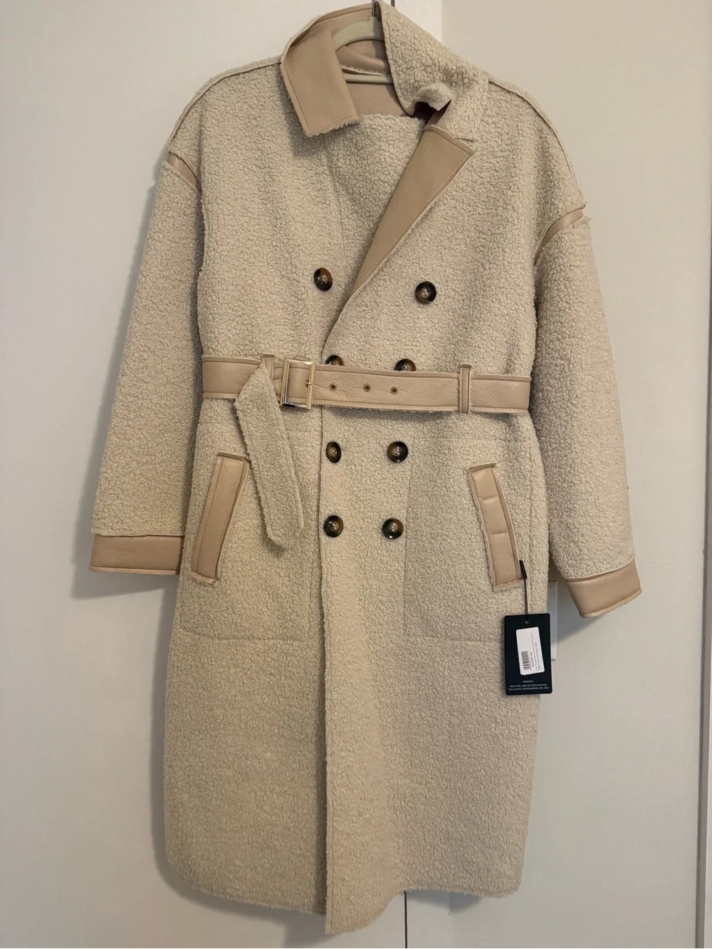PrettyLittleThing Cream Double-Breasted Sherpa Trench Coat